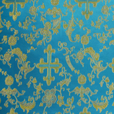 Luxury Brocade Sewing Fabric—Turquoise & Gold Cross—40% Nylon, 34% Polyester, 26%—58"-Inche Wide—Sold by the Yard